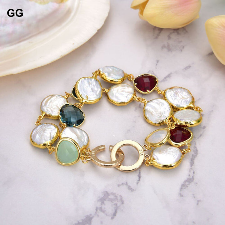 GG Jewelry 8" 2 Rows Cultured White Coin Pearl Golden Plated Crystal Connector Bracelet - LeisFita.com