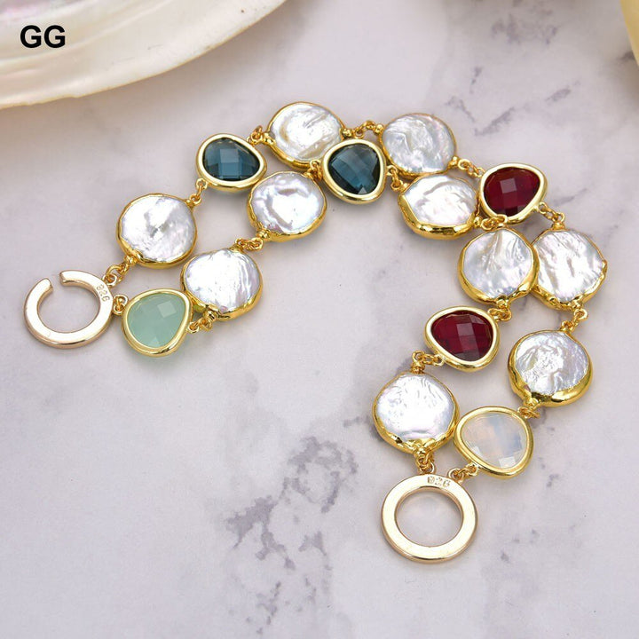 GG Jewelry 8" 2 Rows Cultured White Coin Pearl Golden Plated Crystal Connector Bracelet - LeisFita.com