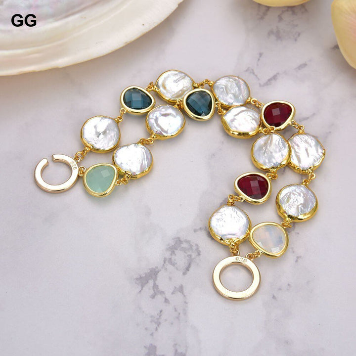 GG Jewelry 8" 2 Rows Cultured White Coin Pearl Golden Plated Crystal Connector Bracelet - LeisFita.com