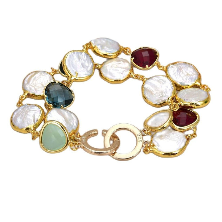 GG Jewelry 8" 2 Rows Cultured White Coin Pearl Golden Plated Crystal Connector Bracelet - LeisFita.com