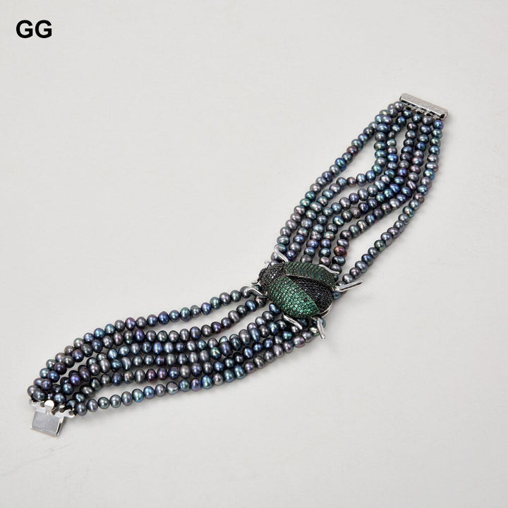 GG Jewelry 8" 6 Strands Natural Black Pearl CZ Bee Bracelet For Women - LeisFita.com