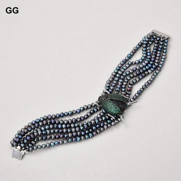 GG Jewelry 8" 6 Strands Natural Black Pearl CZ Bee Bracelet For Women - LeisFita.com