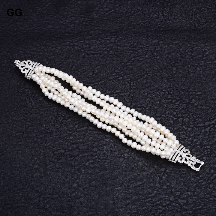 GG Jewelry 8" 7 Rows Natural White Pearl Bracelet Cz White Gold Plated Clasp - LeisFita.com