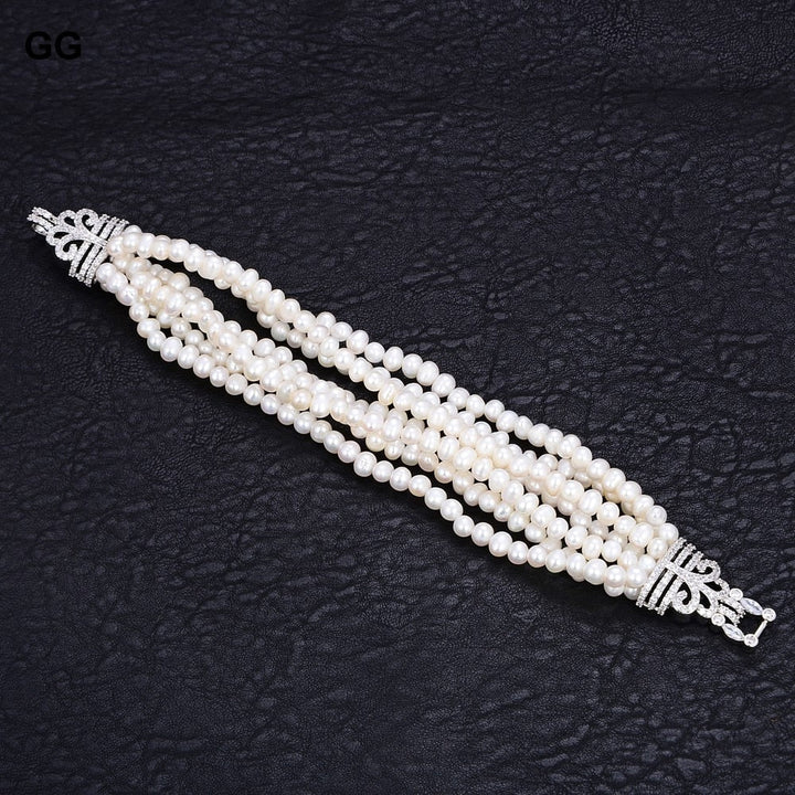 GG Jewelry 8" 7 Rows Natural White Pearl Bracelet Cz White Gold Plated Clasp - LeisFita.com