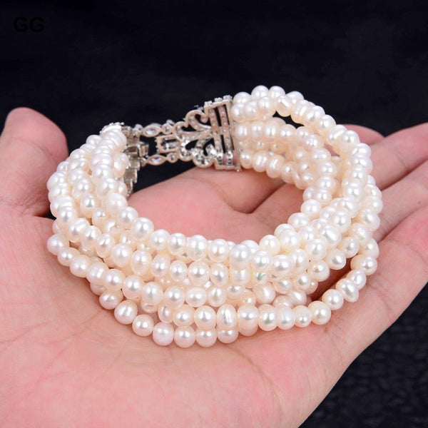 GG Jewelry 8" 7 Rows Natural White Pearl Bracelet Cz White Gold Plated Clasp - LeisFita.com