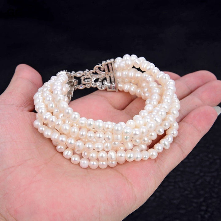 GG Jewelry 8" 7 Rows Natural White Pearl Bracelet Cz White Gold Plated Clasp - LeisFita.com