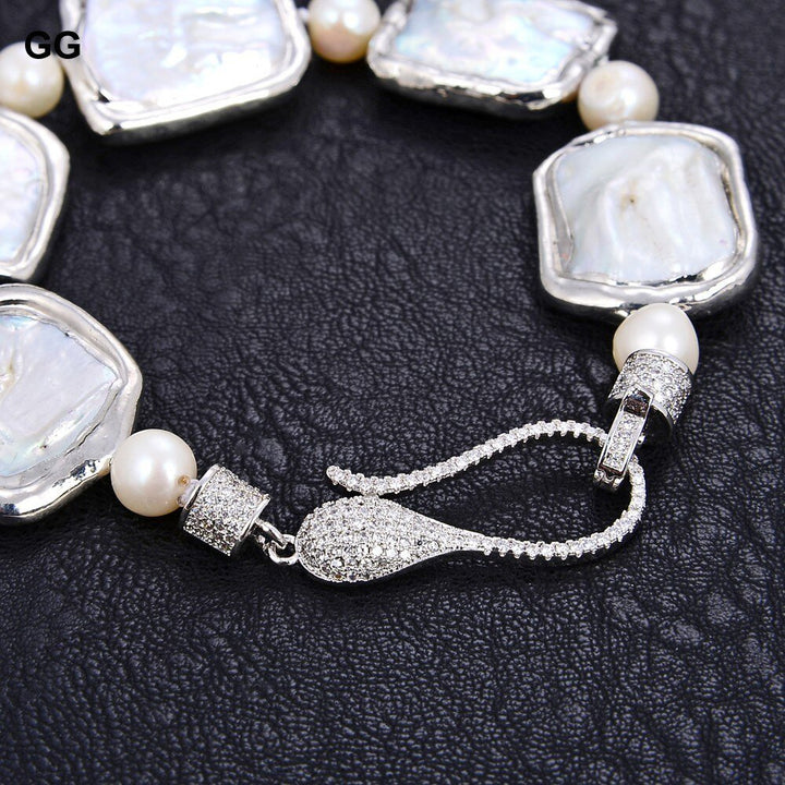 GG Jewelry 8" Natural White Square Keshi Pearl White Gold plated Bracelet CZ Paved Clasp - LeisFita.com