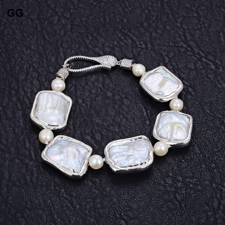 GG Jewelry 8" Natural White Square Keshi Pearl White Gold plated Bracelet CZ Paved Clasp - LeisFita.com