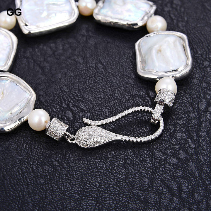 GG Jewelry 8" Natural White Square Keshi Pearl White Gold plated Bracelet CZ Paved Clasp - LeisFita.com