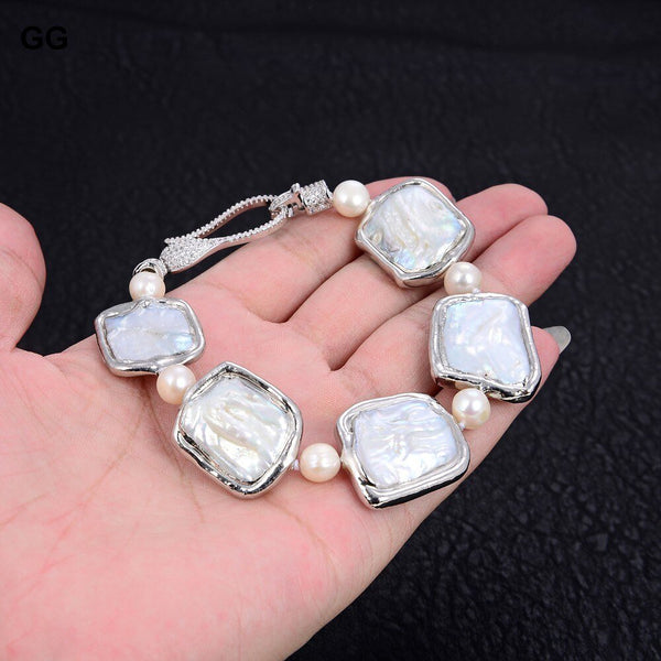 GG Jewelry 8" Natural White Square Keshi Pearl White Gold plated Bracelet CZ Paved Clasp - LeisFita.com