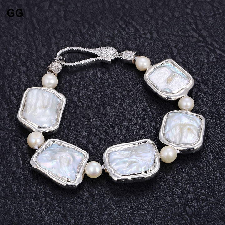 GG Jewelry 8" Natural White Square Keshi Pearl White Gold plated Bracelet CZ Paved Clasp - LeisFita.com