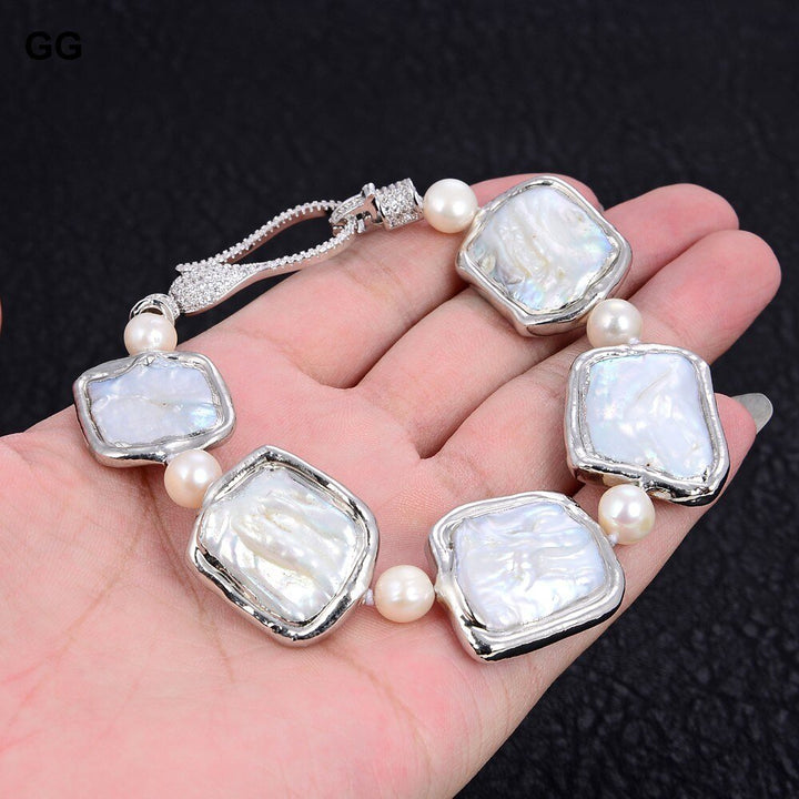 GG Jewelry 8" Natural White Square Keshi Pearl White Gold plated Bracelet CZ Paved Clasp - LeisFita.com