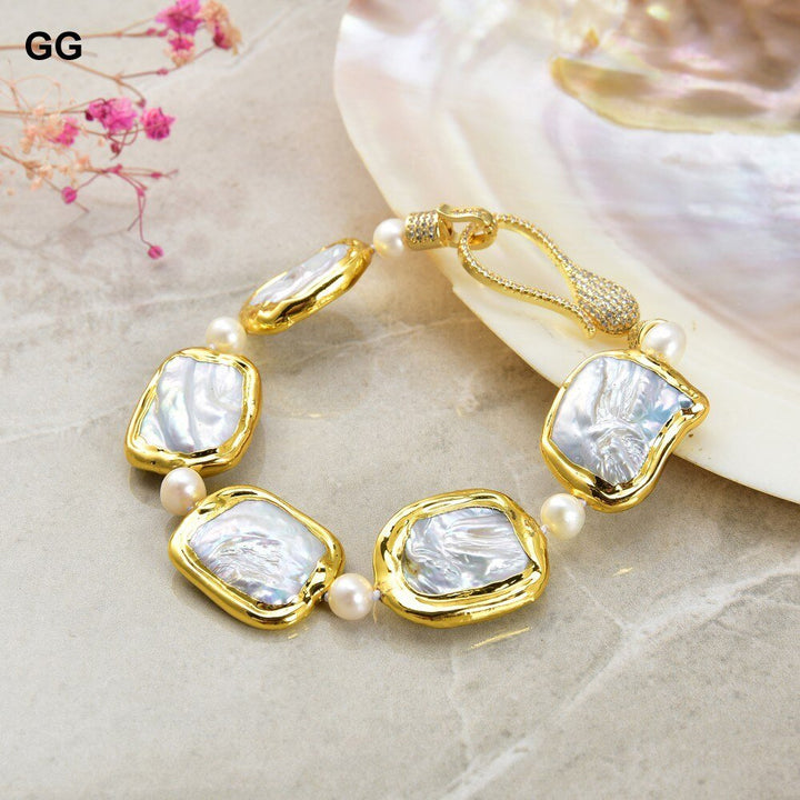 GG Jewelry 8" White Square Keshi Pearl Golden plated Bracelet - LeisFita.com