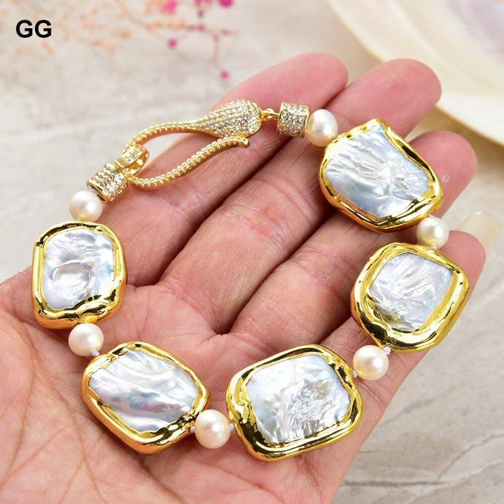 GG Jewelry 8" White Square Keshi Pearl Golden plated Bracelet - LeisFita.com
