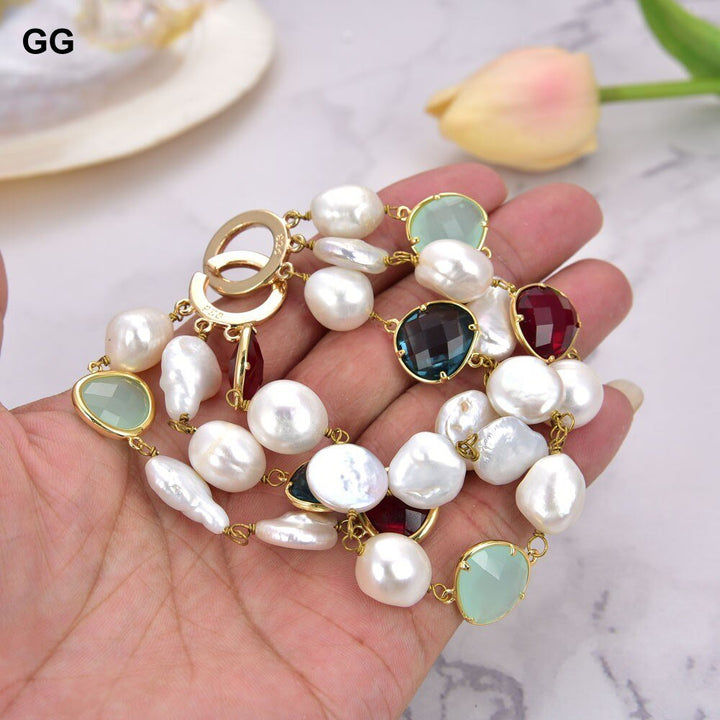 GG Jewelry 8.5'' 3 Rows White Baroque Pearl Coin Pearl Crystal Bracelet - LeisFita.com