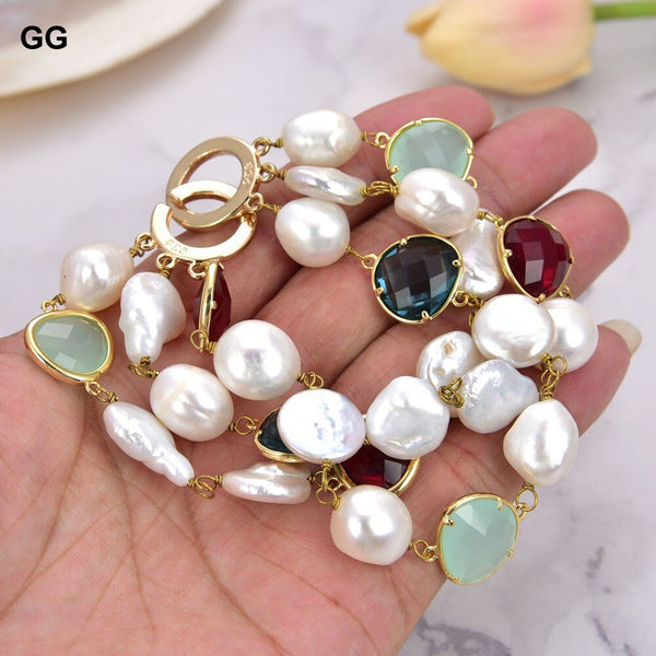 GG Jewelry 8.5'' 3 Rows White Baroque Pearl Coin Pearl Crystal Bracelet - LeisFita.com