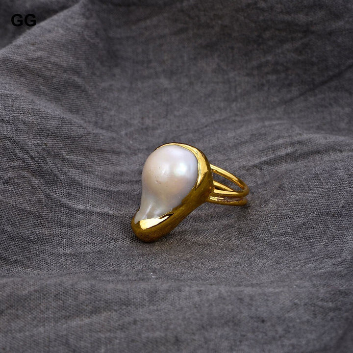 GG Jewelry Beautiful White Broque Pearl Yellow Gold Plated Rings For Women - LeisFita.com