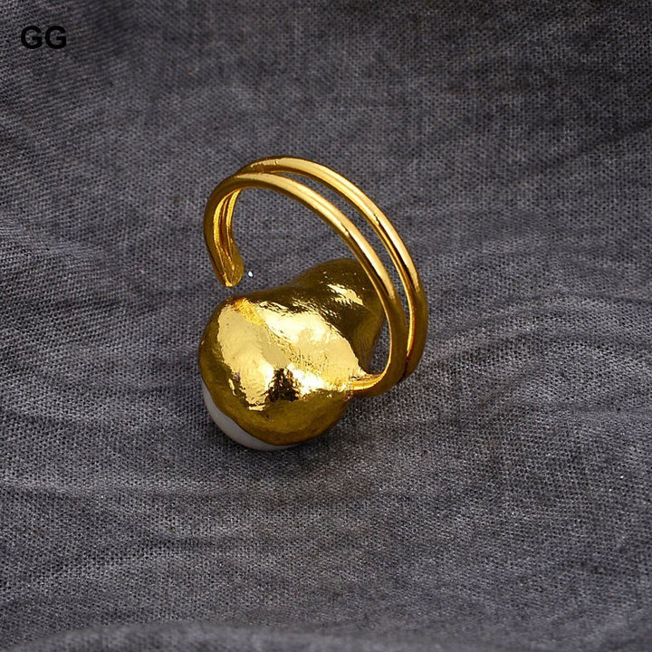 GG Jewelry Beautiful White Broque Pearl Yellow Gold Plated Rings For Women - LeisFita.com