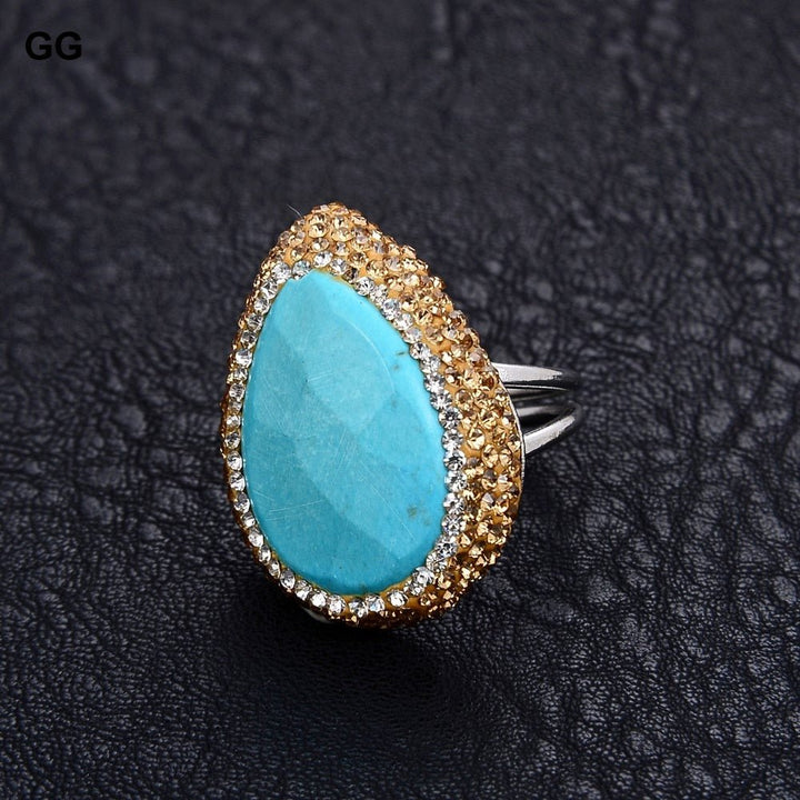 GG Jewelry Blue Druzy Turquoise Trimmed with Black Macarsite Rings - LeisFita.com