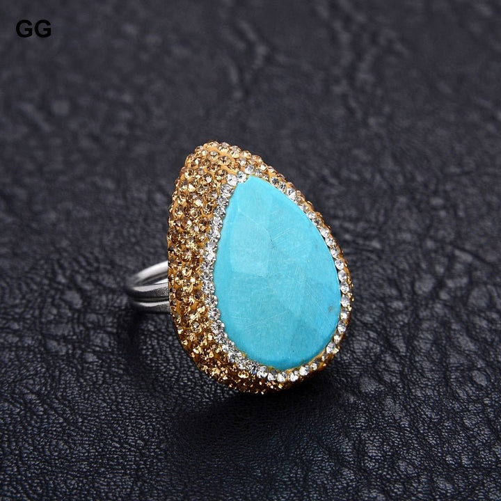 GG Jewelry Blue Druzy Turquoise Trimmed with Black Macarsite Rings - LeisFita.com