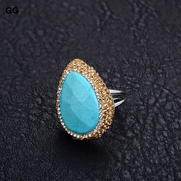 GG Jewelry Blue Druzy Turquoise Trimmed with Black Macarsite Rings - LeisFita.com