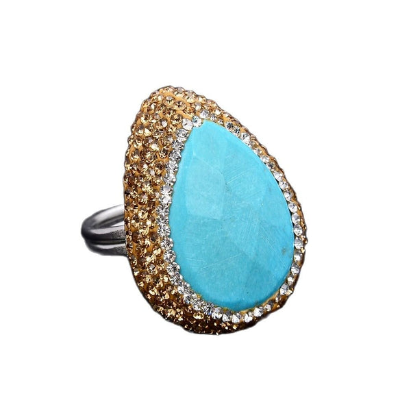 GG Jewelry Blue Druzy Turquoise Trimmed with Black Macarsite Rings - LeisFita.com