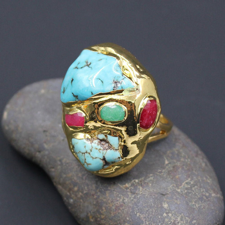 GG Jewelry Blue Turquoise Multi Color Agate Gold Plated Ring Gold color Electroplated Ring Adjustable - LeisFita.com
