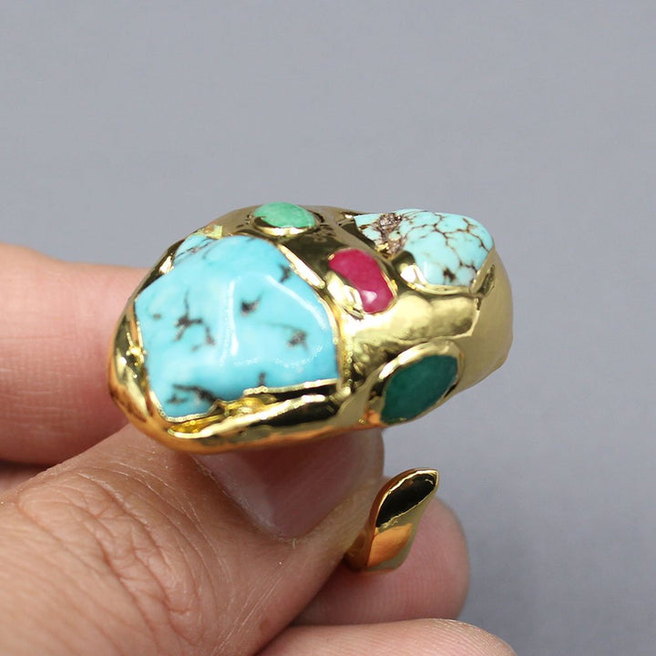 GG Jewelry Blue Turquoise Multi Color Agate Gold Plated Ring Gold color Electroplated Ring Adjustable - LeisFita.com