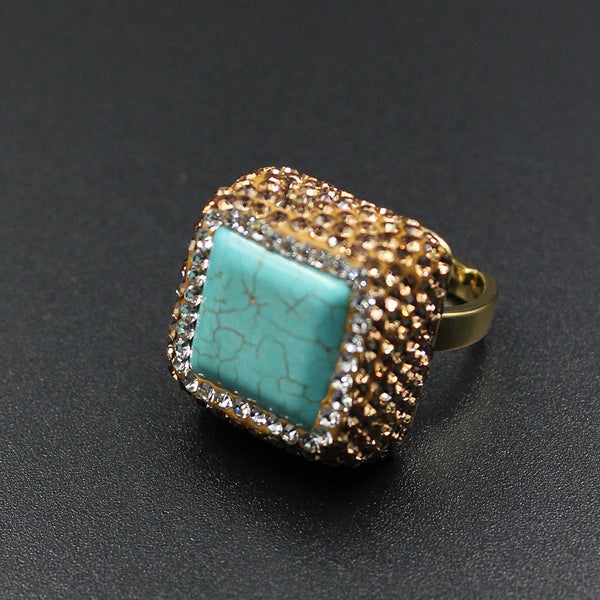 GG Jewelry Blue Turquoises Trimmed With Golden Crystal Ring Adjustable Fashion Women Jewelry - LeisFita.com