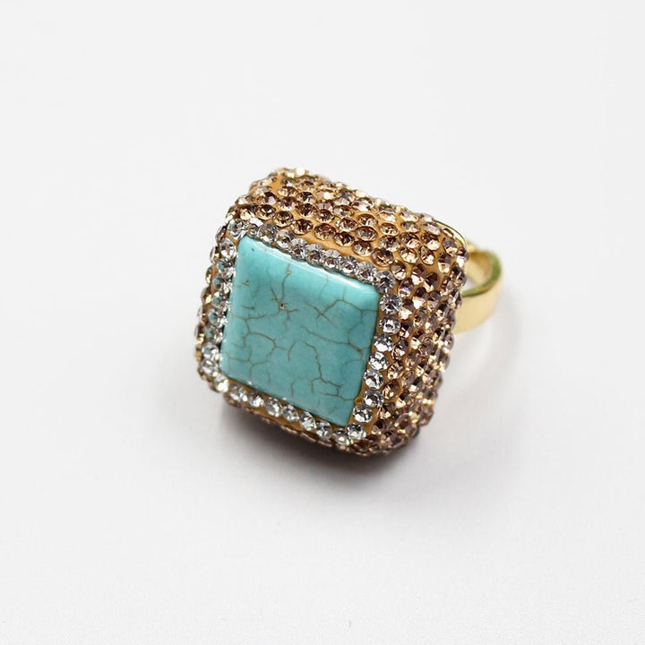 GG Jewelry Blue Turquoises Trimmed With Golden Crystal Ring Adjustable Fashion Women Jewelry - LeisFita.com