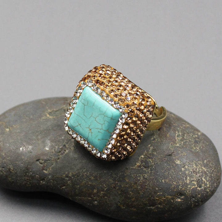 GG Jewelry Blue Turquoises Trimmed With Golden Crystal Ring Adjustable Fashion Women Jewelry - LeisFita.com