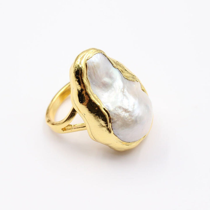 GG Jewelry Classic Huge Natural White Keshi Baroque Pearl Yellow Gold Color Plated Rings Handmade For Women Adjustable - LeisFita.com
