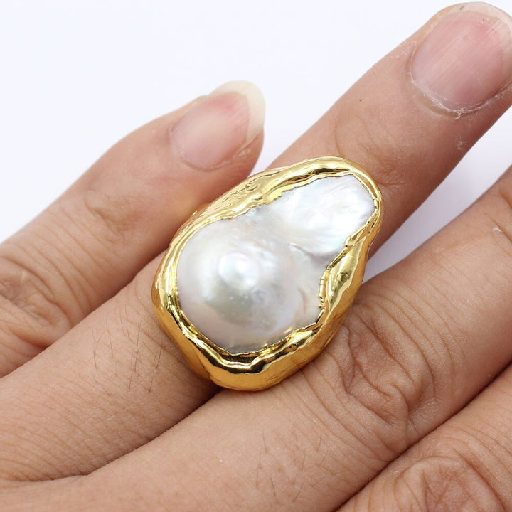 GG Jewelry Classic Huge Natural White Keshi Baroque Pearl Yellow Gold Color Plated Rings Handmade For Women Adjustable - LeisFita.com