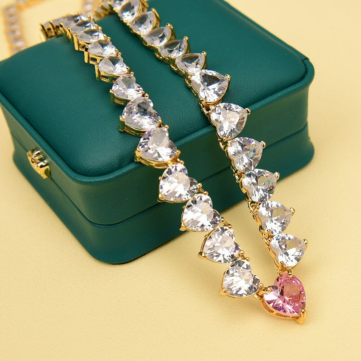 GG Jewelry Clear Rhinestone Zircon Pink Crystal Heart Gold Plated Chain Chokers Necklace Pendant For Lady Gifts - LeisFita.com