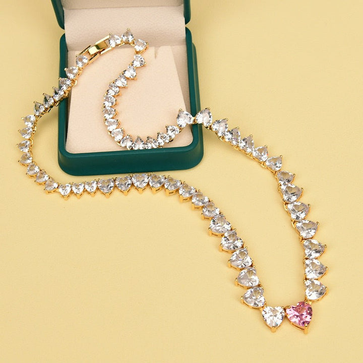 GG Jewelry Clear Rhinestone Zircon Pink Crystal Heart Gold Plated Chain Chokers Necklace Pendant For Lady Gifts - LeisFita.com