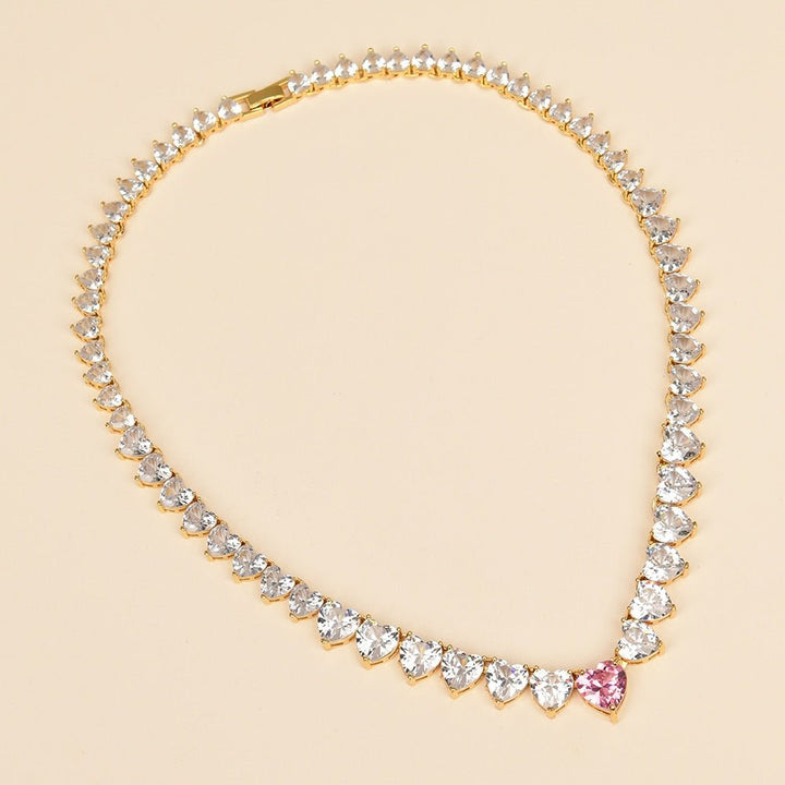 GG Jewelry Clear Rhinestone Zircon Pink Crystal Heart Gold Plated Chain Chokers Necklace Pendant For Lady Gifts - LeisFita.com