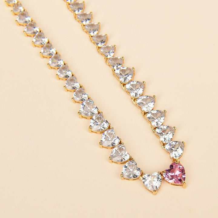 GG Jewelry Clear Rhinestone Zircon Pink Crystal Heart Gold Plated Chain Chokers Necklace Pendant For Lady Gifts - LeisFita.com