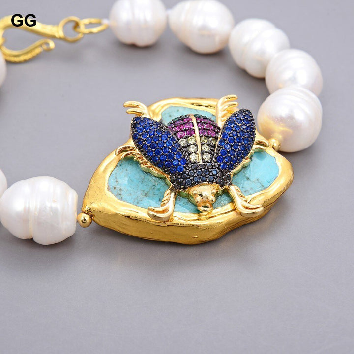 GG Jewelry Freshwater Cultured White Rice Pearl Blue Turquoise CZ Insect Bracelet 8" - LeisFita.com