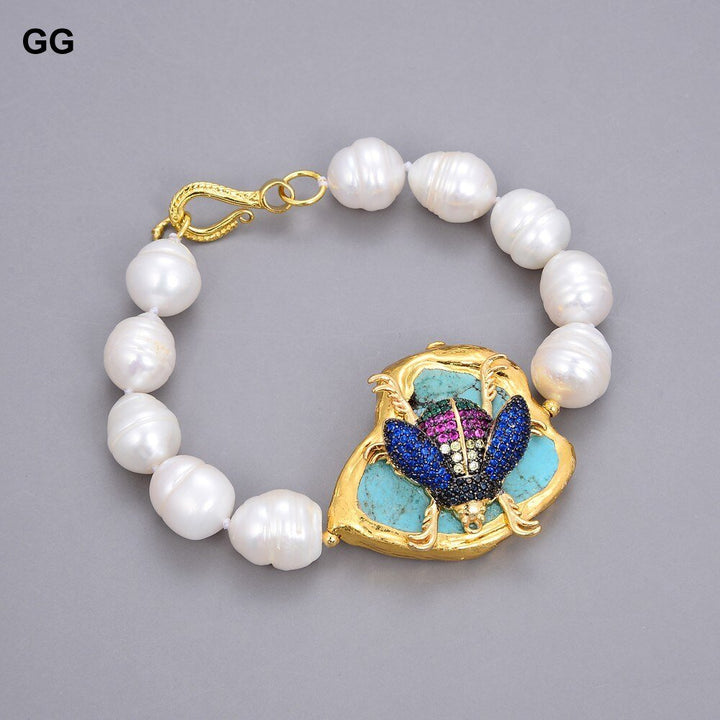 GG Jewelry Freshwater Cultured White Rice Pearl Blue Turquoise CZ Insect Bracelet 8" - LeisFita.com