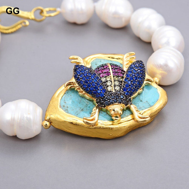 GG Jewelry Freshwater Cultured White Rice Pearl Blue Turquoise CZ Insect Bracelet 8" - LeisFita.com