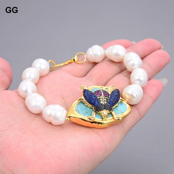 GG Jewelry Freshwater Cultured White Rice Pearl Blue Turquoise CZ Insect Bracelet 8" - LeisFita.com