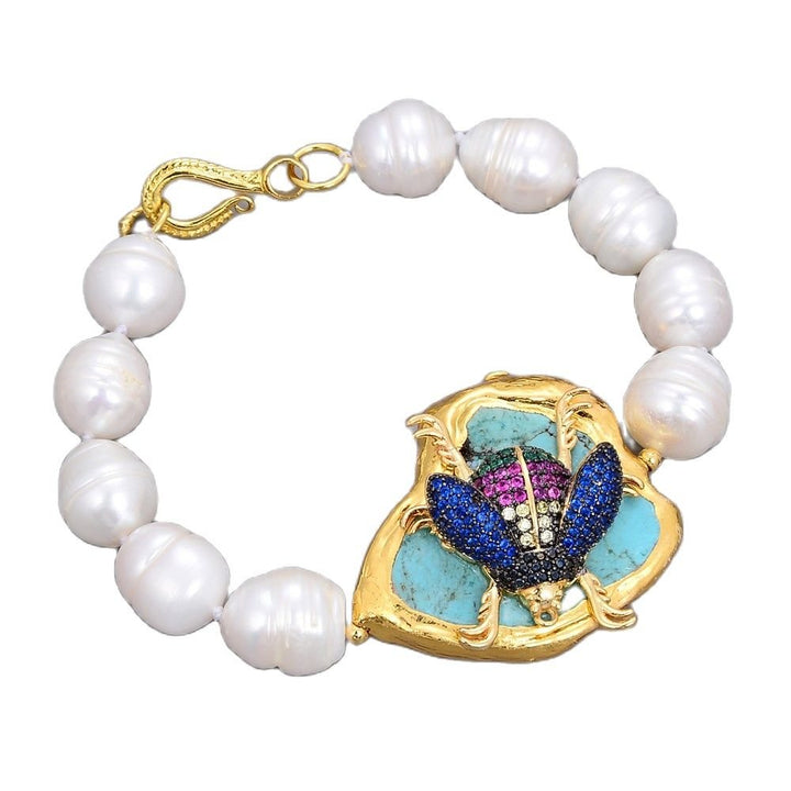 GG Jewelry Freshwater Cultured White Rice Pearl Blue Turquoise CZ Insect Bracelet 8" - LeisFita.com