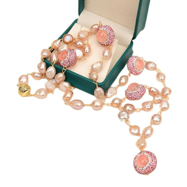 GG Jewelry Freshwater Purple Cultured Baroque Pearl Chain Pink Rose Quartz Rhinestone CZ Necklace Pendant - LeisFita.com