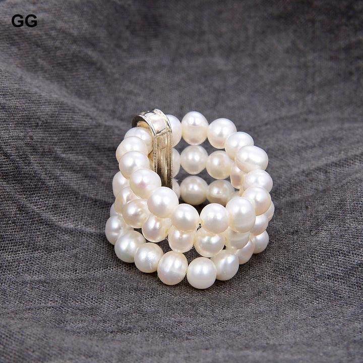 GG Jewelry Handmade 4-5MM White Pearl Clear Crystal CZ Ring - LeisFita.com