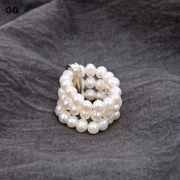 GG Jewelry Handmade 4-5MM White Pearl Clear Crystal CZ Ring - LeisFita.com