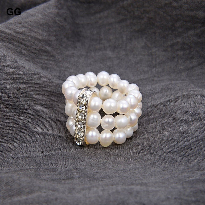 GG Jewelry Handmade 4-5MM White Pearl Clear Crystal CZ Ring - LeisFita.com