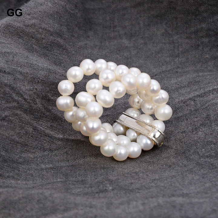 GG Jewelry Handmade 4-5MM White Pearl Clear Crystal CZ Ring - LeisFita.com