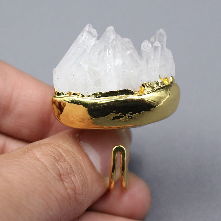 GG Jewelry Natural Clear Quartz Druzy rough Cluster Freedom Shape Gold color Electroplated Ring Adjustable - LeisFita.com
