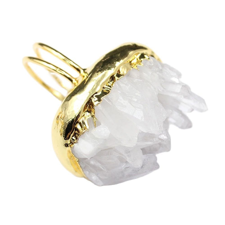 GG Jewelry Natural Clear Quartz Druzy rough Cluster Freedom Shape Gold color Electroplated Ring Adjustable - LeisFita.com