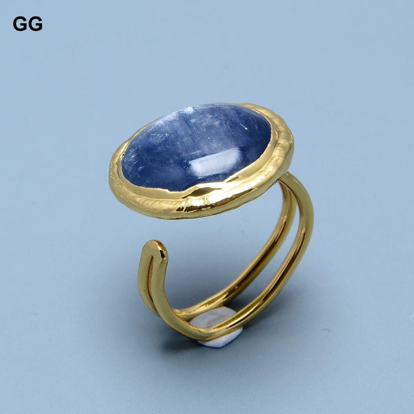 GG Jewelry Natural Coin Blue Kyanites Gold Plated Filled Ring Adjustable Size Ring Classic Style For Women - LeisFita.com